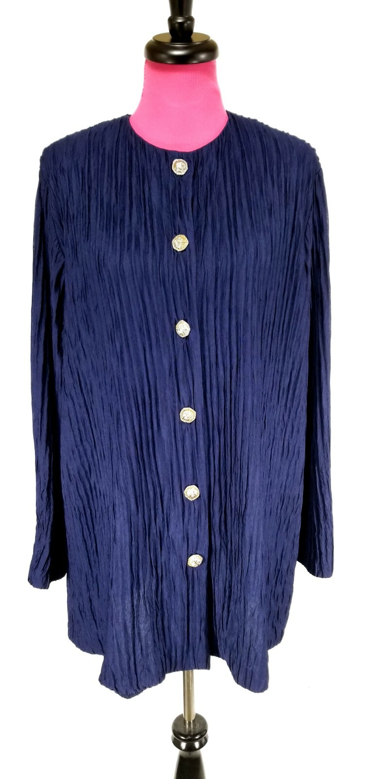 Vintage Ruth Norman Jacket Size L Womens Navy Blue Crinkle Decorative Buttons