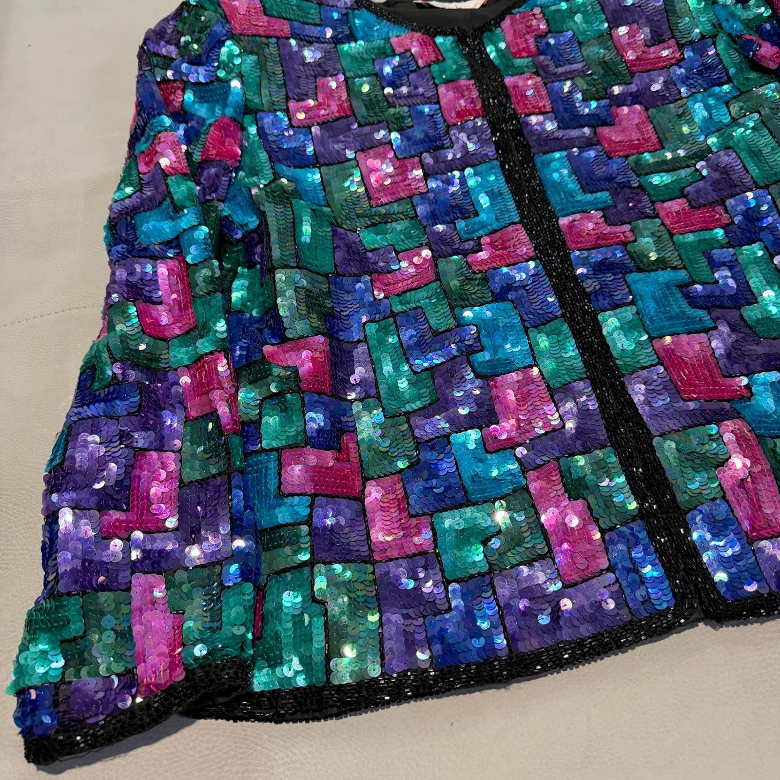 VTG Laurence Kazar Sequin 100% Silk Geometric Blazer Jacket Colorful Festivel-L-