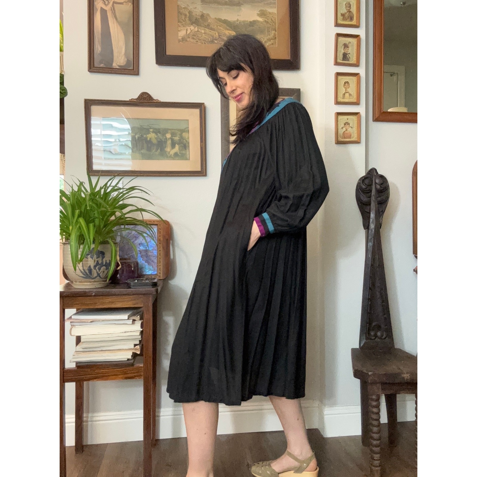 70s 80s vintage Kaftan dress black embroider neckline Papillon purple turquoise