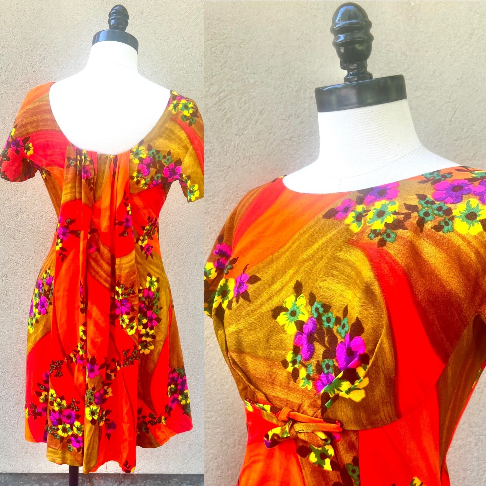 MCINERNY 60s 1960’s Vintage Hawaiian Aloha Back Train Mini Empire Bust Dress S M