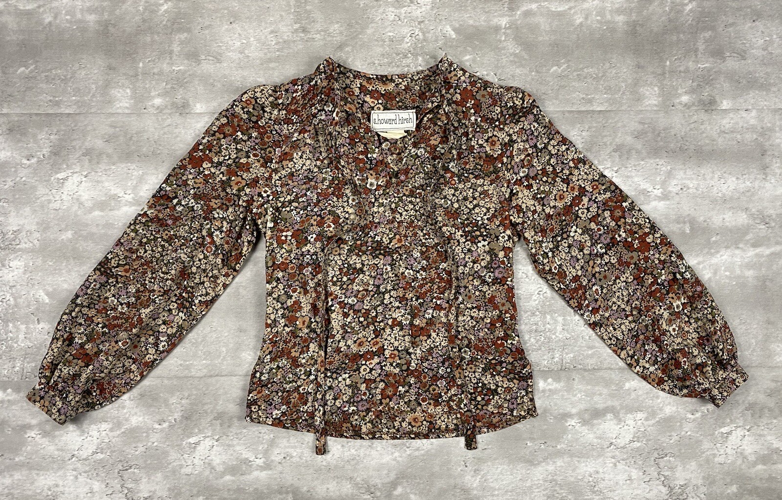 vintage 70s S HOWARD HIRSH blouse top tie neck FLORAL AOP