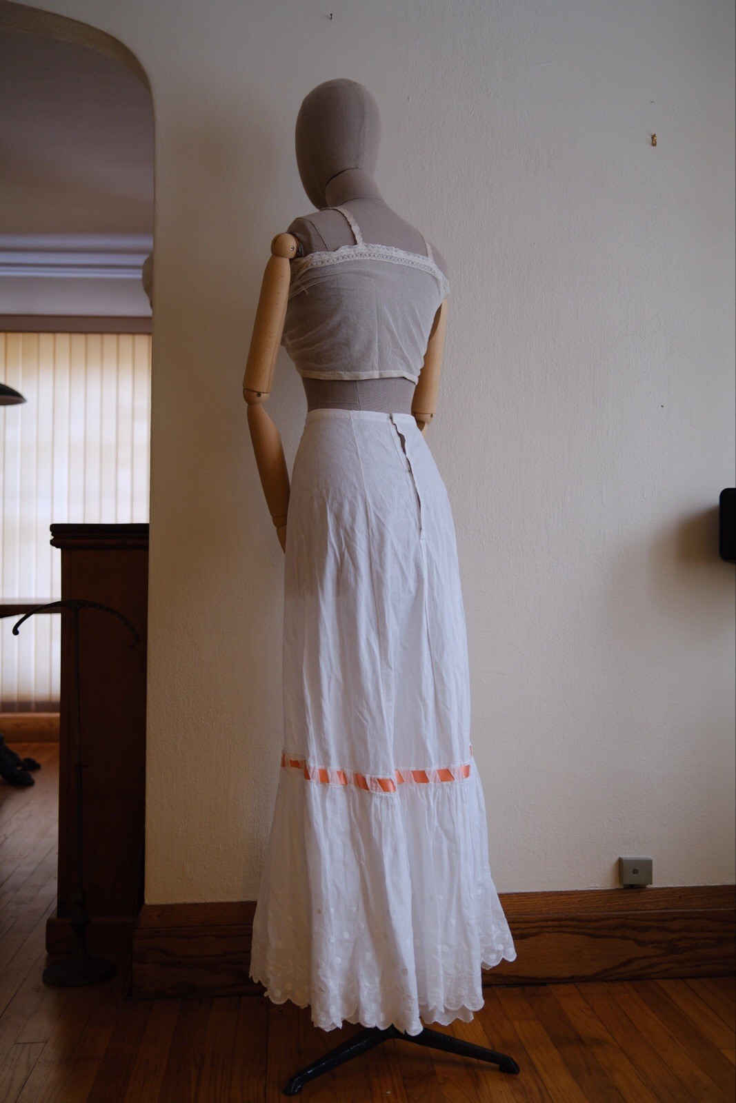 1900s Edwardian Petticoat Skirt With Ribbon, Embroidery and scalloped hem