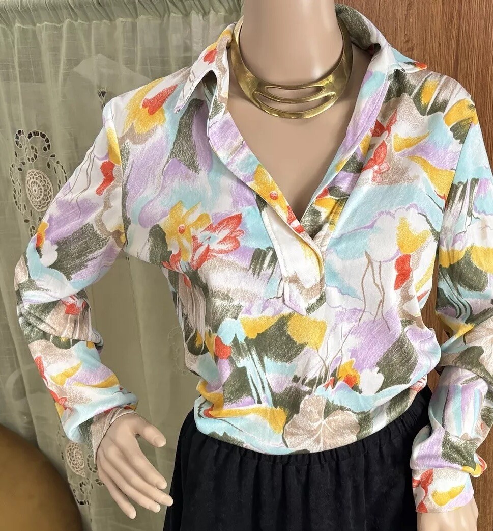Vintage 70s Aladdin Groovy Top Beautiful Art Lily Pad Color Splash •M Retro Core