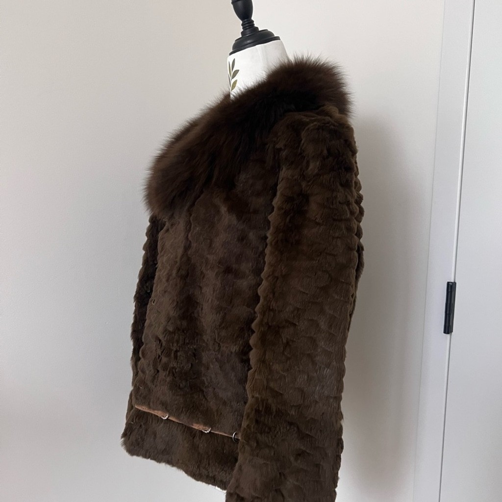 Vintage Brown-Green Real Rabbit & Fox Fur Jacket with Ring Details | Size M
