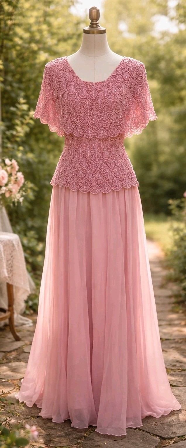 Vtg 70s Pink Lace Overlay Dress ILGWU Union Slip Formal Romantic Chiffon Overlay