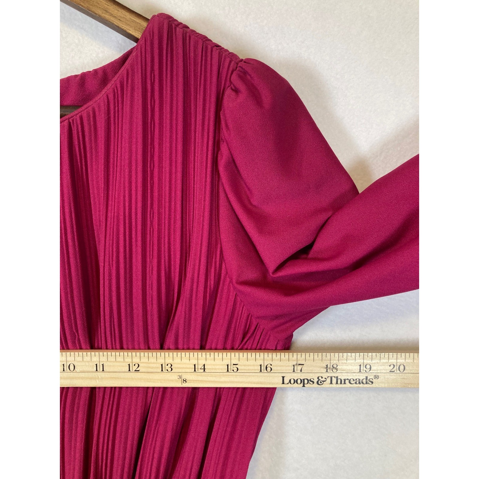 Vintage Sally Lou Women Magenta Pink Pleated Long Sleeve Elastic Waist Dress