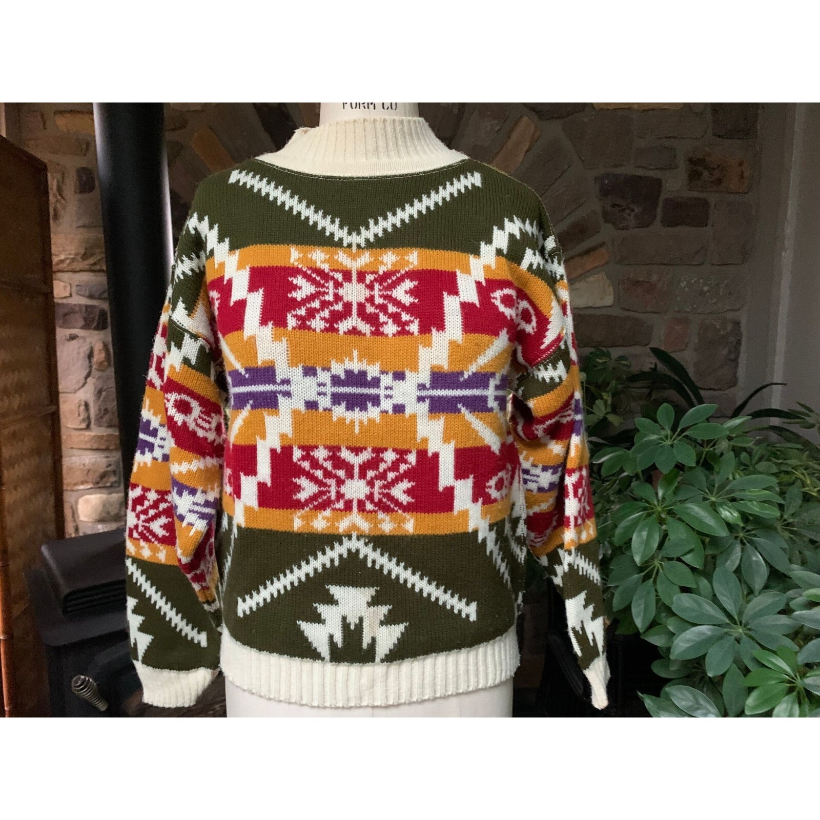 Vintage 1980s Ivory Olive Green Geometric Mock Neck Sweater