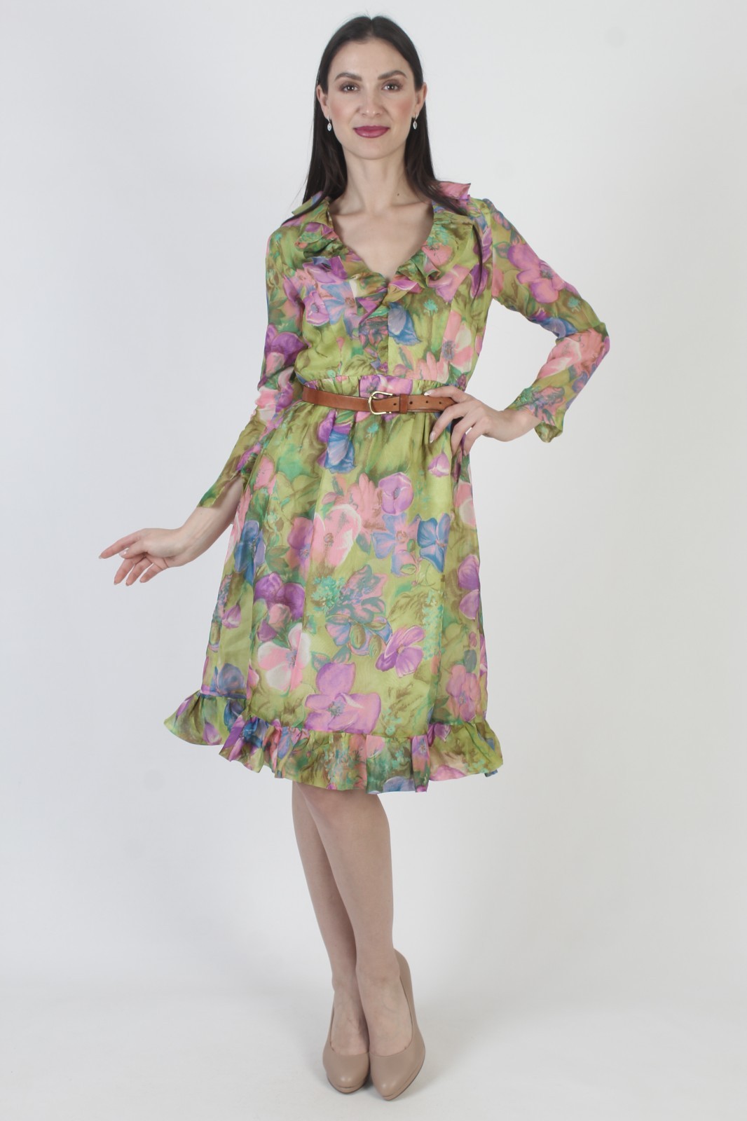 Vtg 60s Romantic Floral Dress Spring Pastel Garden Ruffle Knee Length Gown