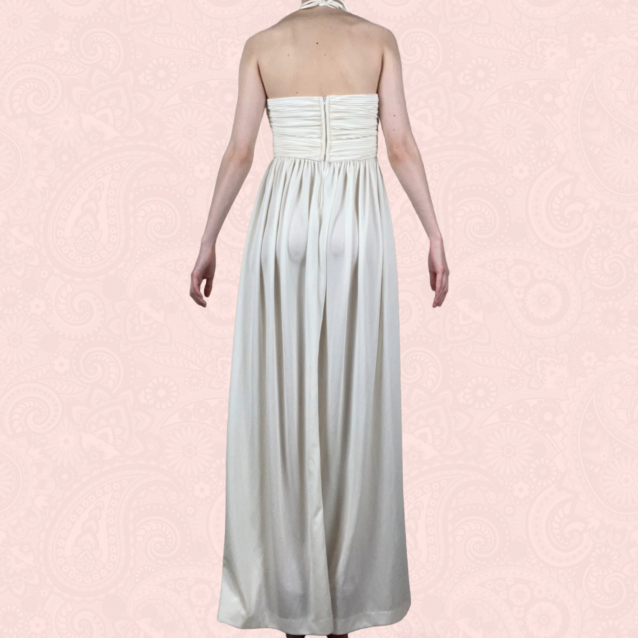 Vintage 70s Joy Stevens White Cream Strappy Halter Empire Waist Maxi Dress XS