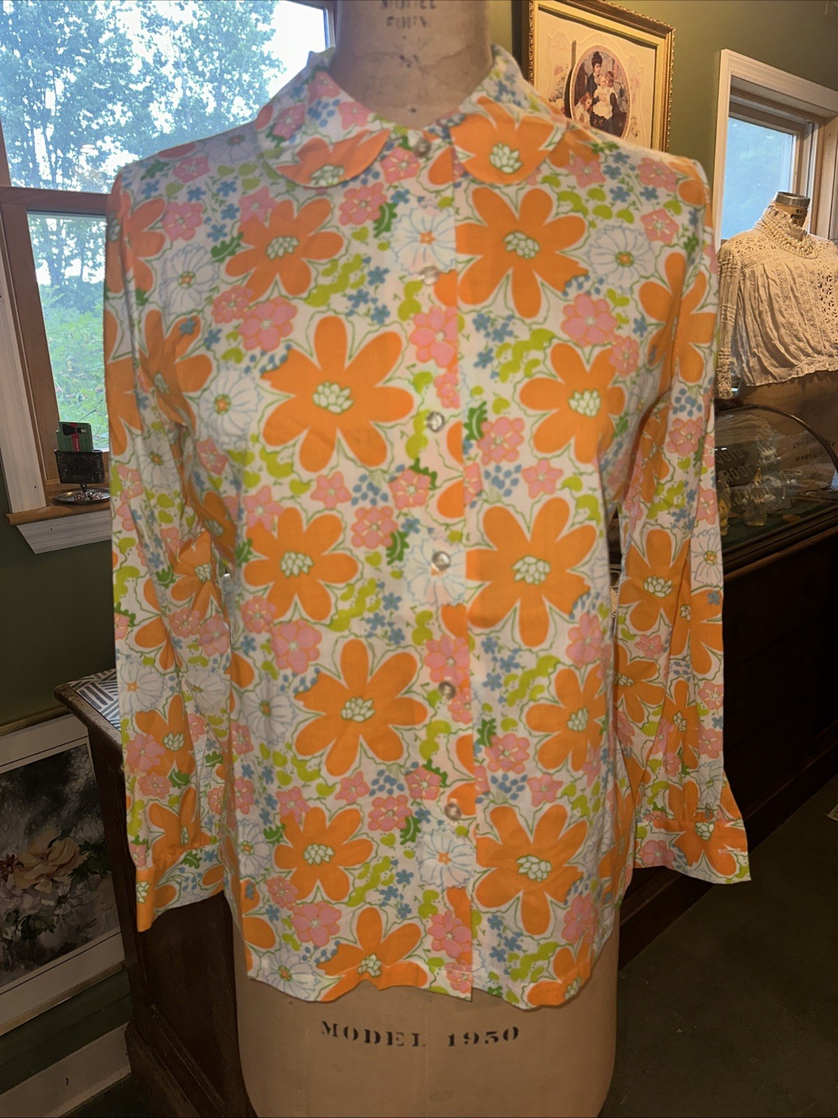Vintage Ship 'n Shore Flower Power Blouse Orange Pink Green Floral Sz 34