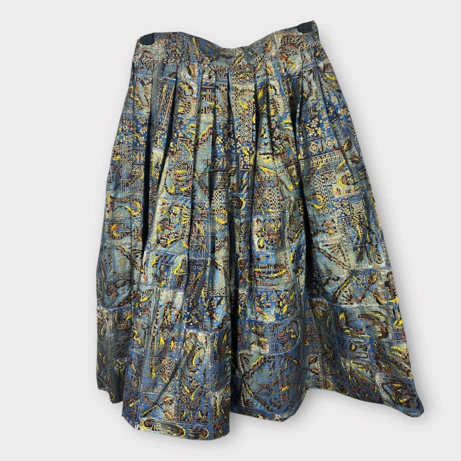 Vintage Doris Dodson Metallic Poplin Pleated Skirt XXS XS Blue Gold 50s Novelty