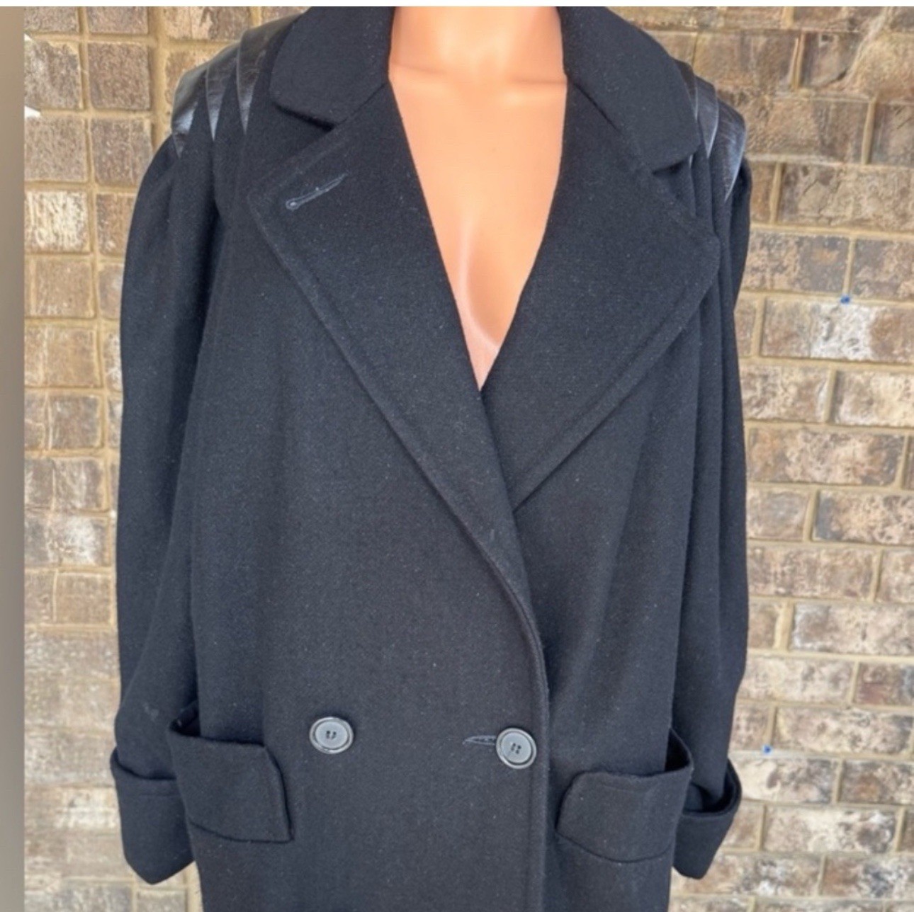 Vintage Billycoat Black Wool Coat Leather Shoulder Detail USA Avant Garde 80s