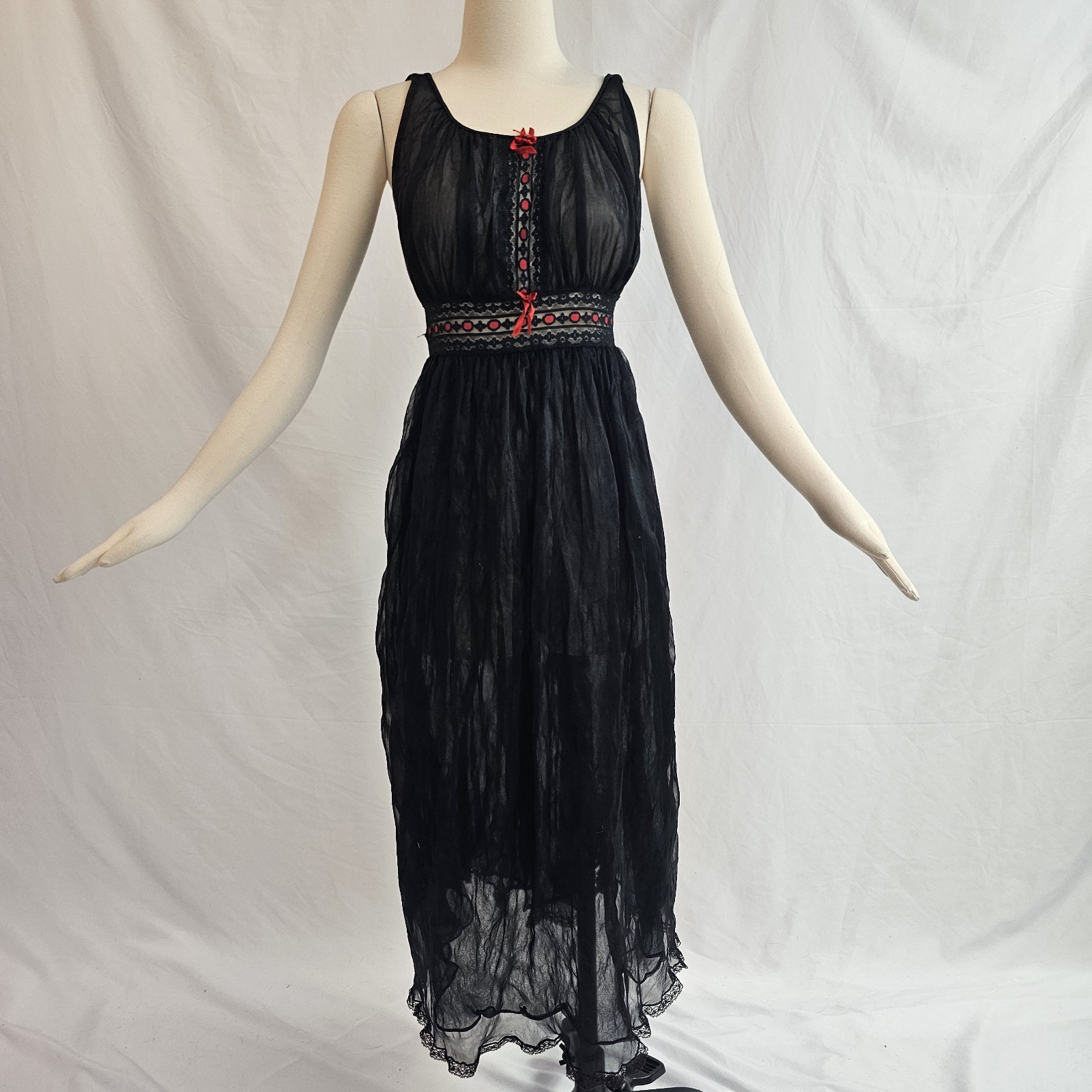 Vintage 1960s Black Lingerie Nightgown Slip Dress Red Lace Chiffon 60s Avian
