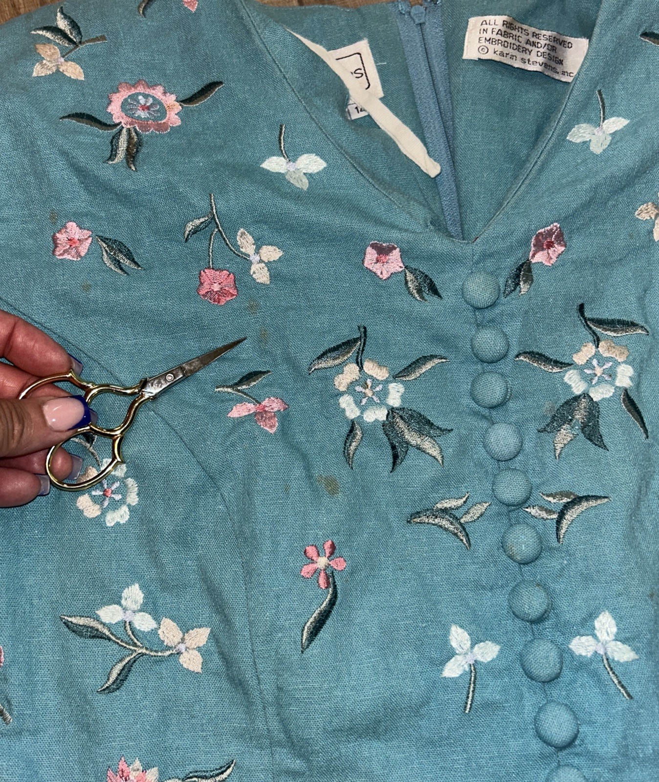 Vintage Linen Dress Prairie Cottage Country Embroidered Florals Teal 90’s 12(10)