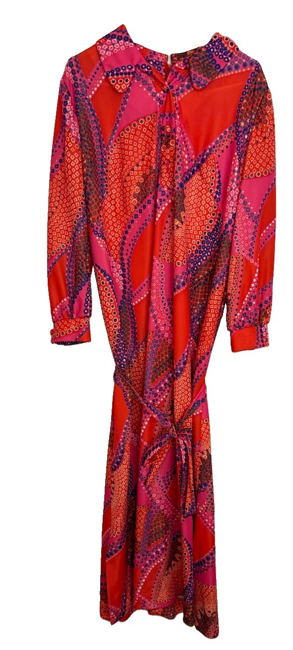 Vintage 70s Leslie Pomer Psychedelic Maxi Dress Mod Hostess Patchwork M 1970s