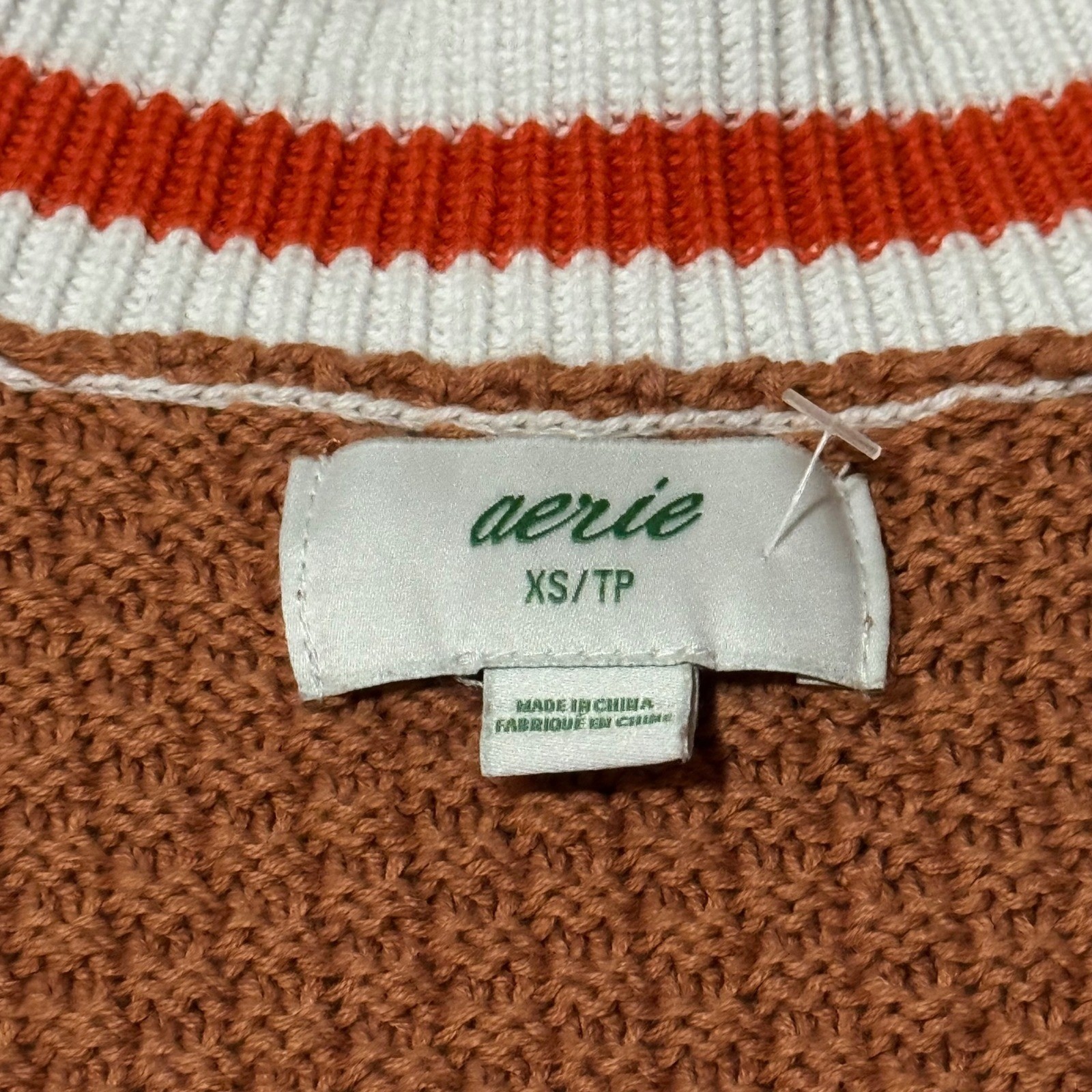 Aerie Rust Orange Knit Cardigan Varsity Style Patch XS Oversized Cotton