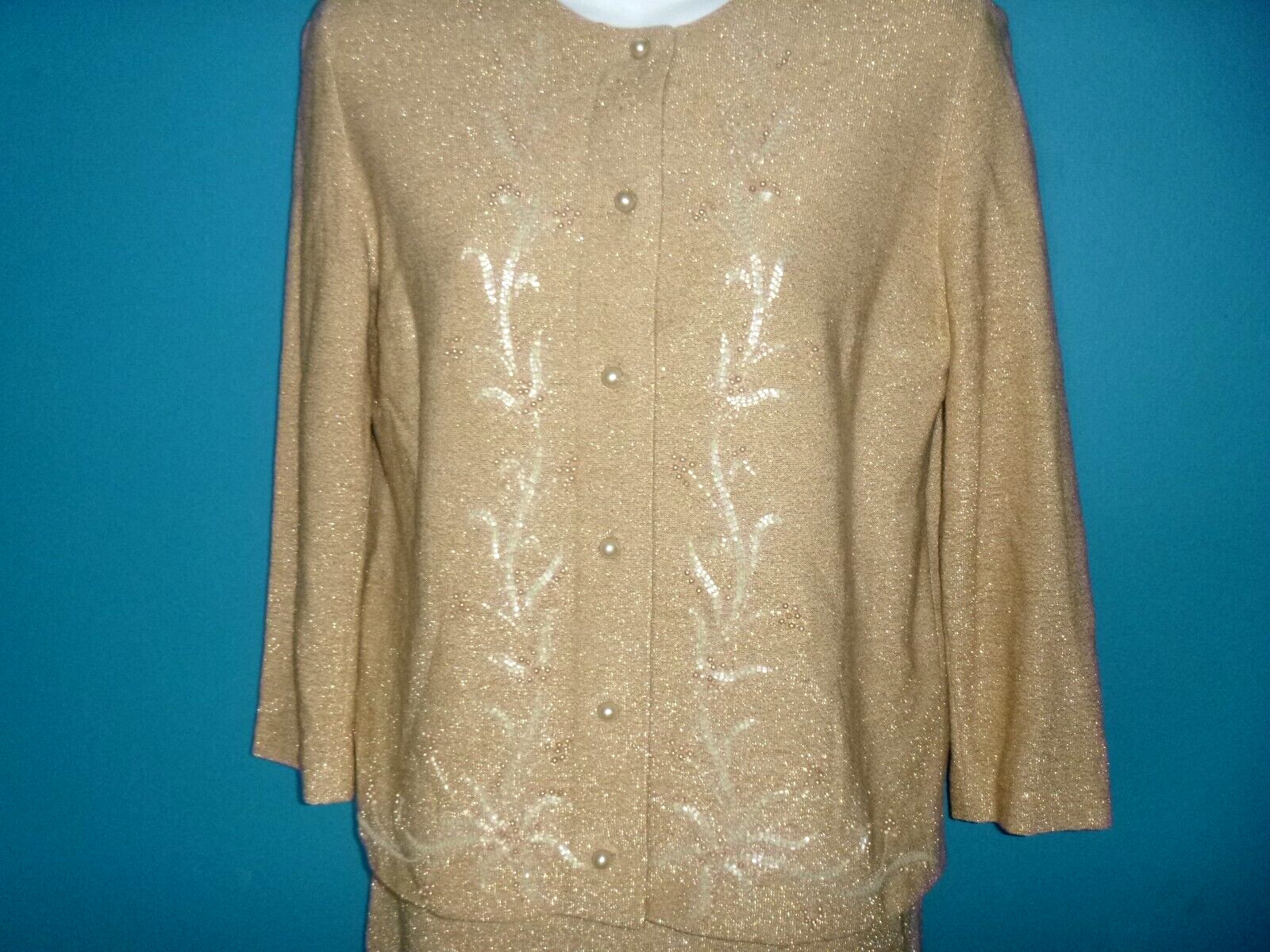 Vtg 60s Gino Paoli 2 Pc Wool Knit Cardigan & Skirt Set Gold metallic Beading S/M