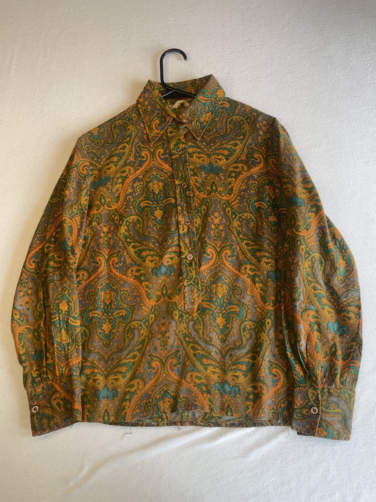 VINTAGE 50s 60s Collar Button Shirt Rockabilly Paisley Hippy Boho S Psychedelic
