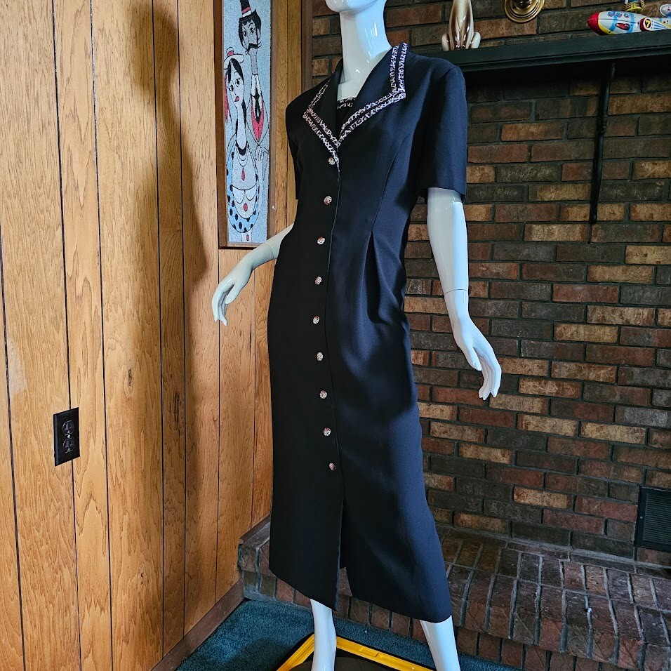Vintage 90s Sassy Mob Wife Leopard Trim Midi Power Moves Suit Tuxedo Dress M/L