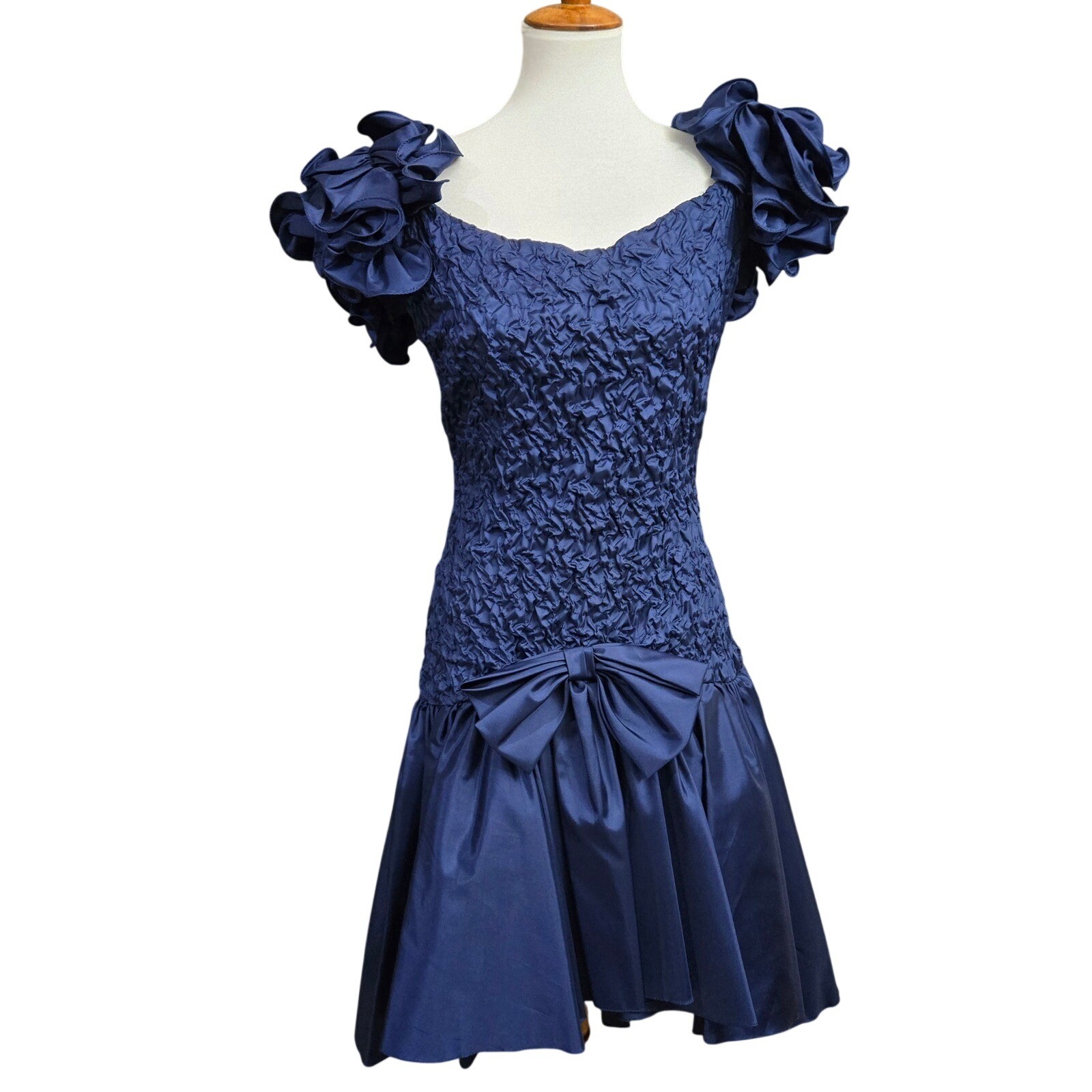 Vtg Union Made Dress Small Blue 80s Prom Party Cocktail Puff Sleeve Drop Waist