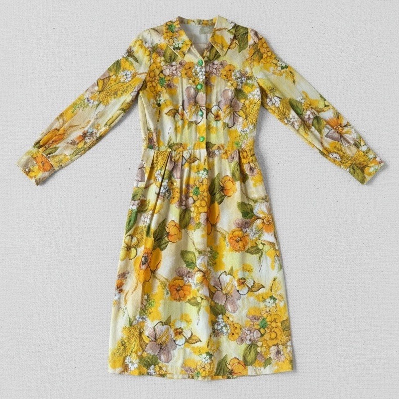 Vintage Yellow Orange Abstract Floral Hippie Boho Midi Dress Medium