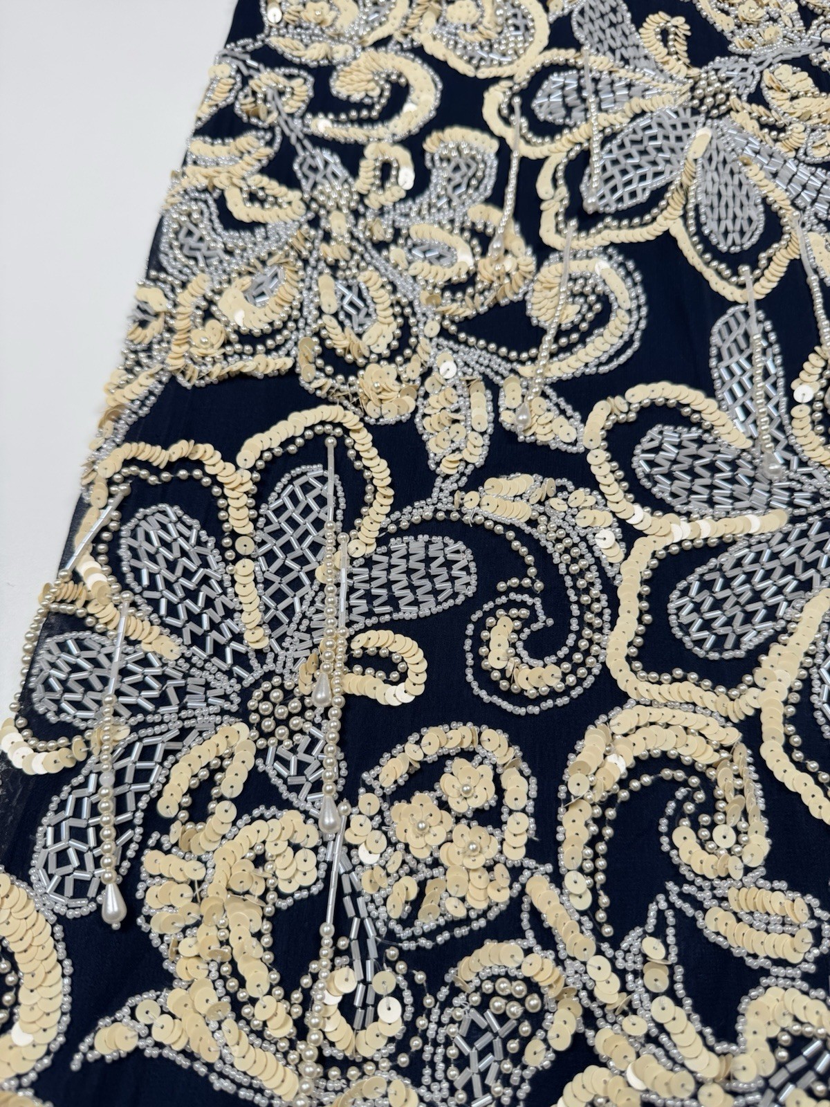 Vintage 80s 90s NITE LINE Beaded Sequin Silk Dress Blue Gold Floral Niteline 10