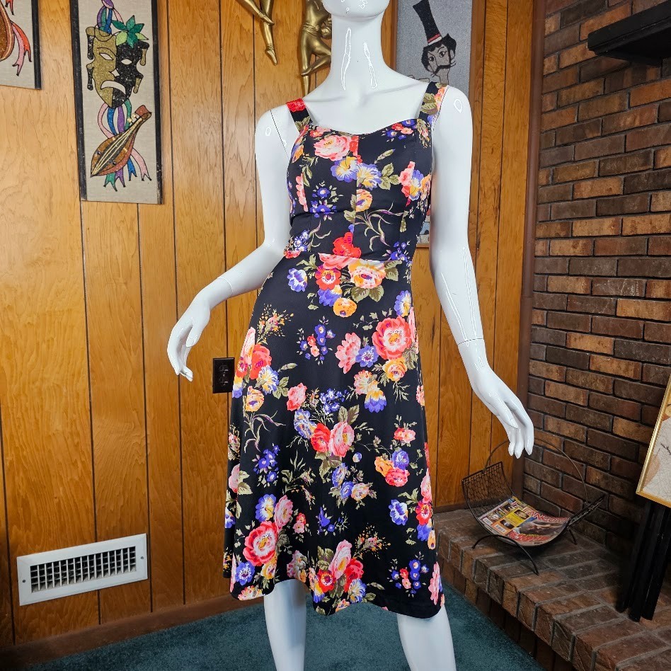 Vintage 70s Sweetheart Volup Smocked Bra Vivid Floral Bloom Sundress Dress L/XL