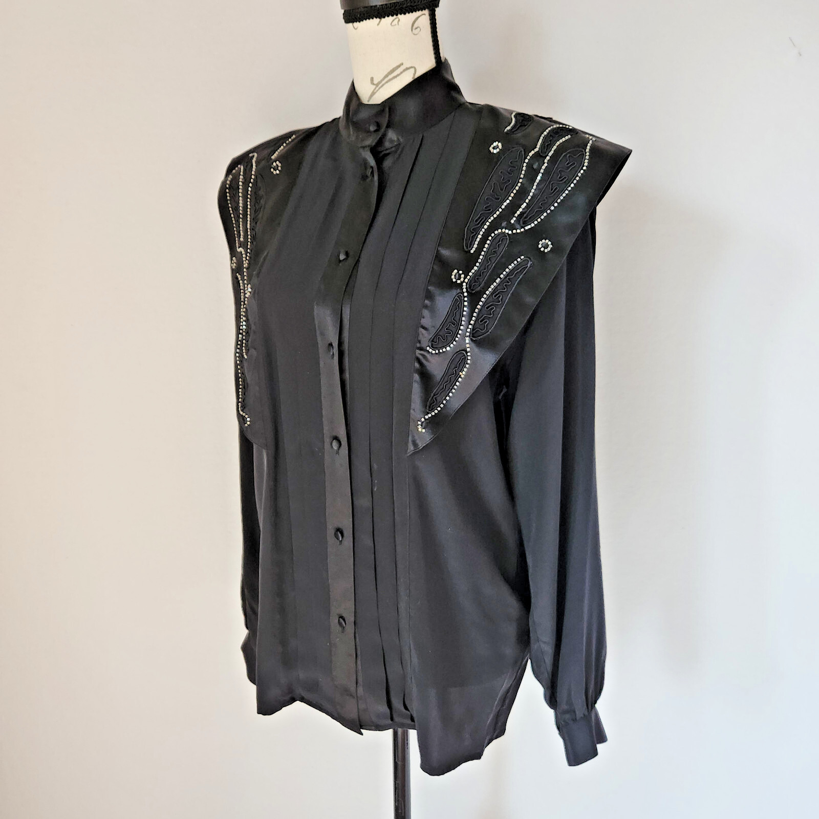 Vintage Suzelle Silk Satin Beaded Blouse High Neck Button Long Sleeve Black Sz.8