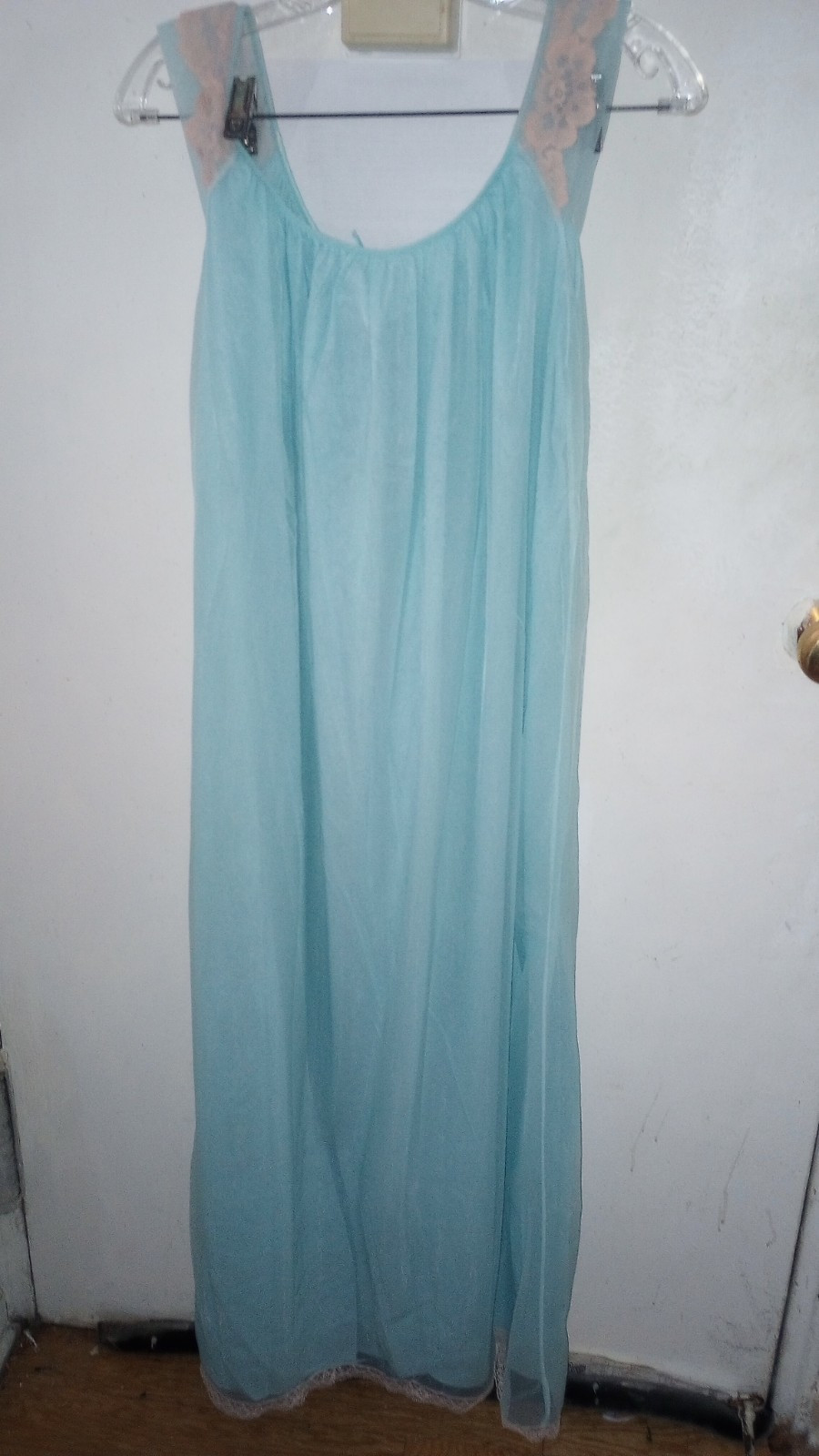 Vintage Avian LINGERIE Nylon Chiffon Nightgown Aqua Lace Sz. Large New Exquisite