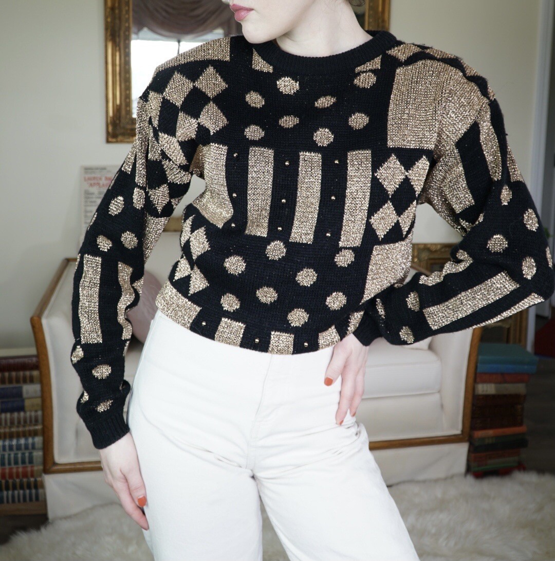Vintage Maurada 1980’s 90’s Black And Metallic Gold Geometric Sweater Small