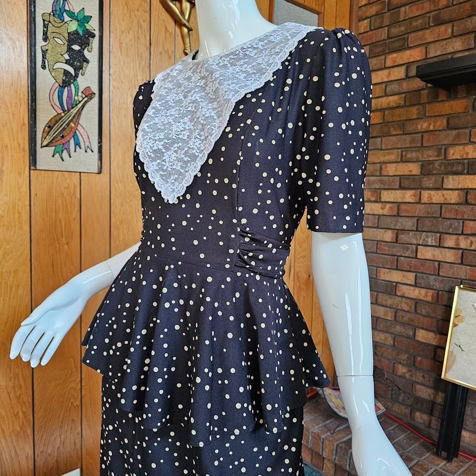 Vintage 80s New Wave Granny Polka Dot Peplum Secretary Lace Bib Day Dress M/L