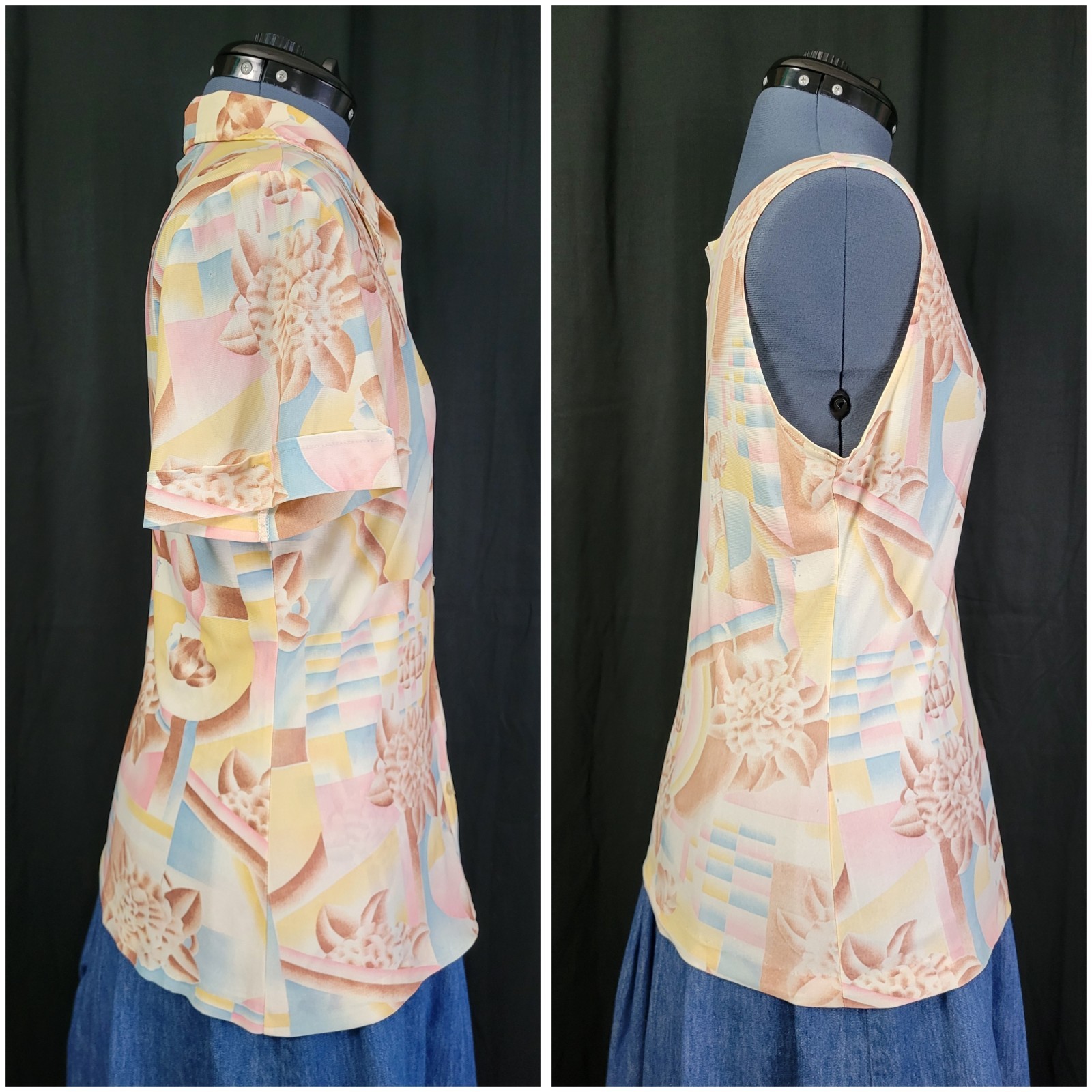 Vintage Shell & Button Down Top Set in Pastel Pink/Blue/Cream/Tan Size 15/16