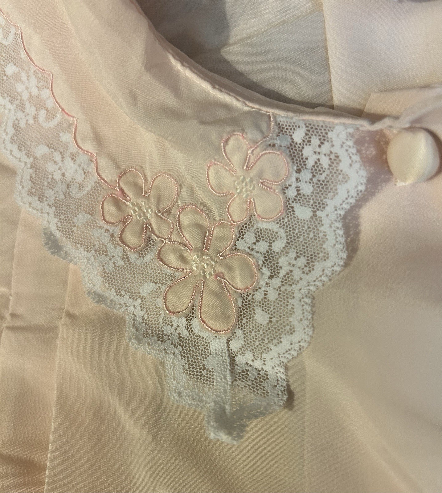 1960s Pink Lace Bed Shirt Corhan Noumair Hand Embroidered Babydoll Style Small