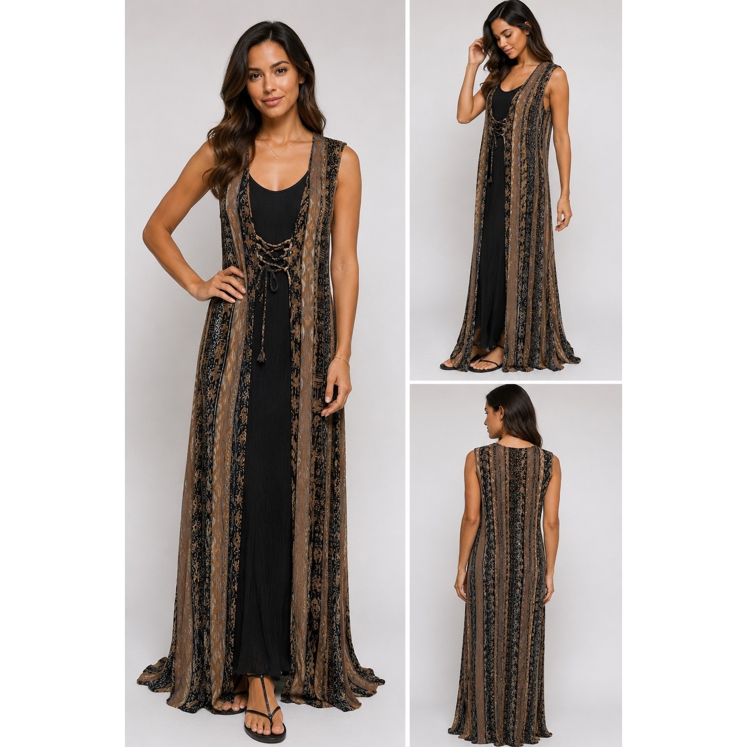 Betsy Lauren Vintage Maxi Dress Womens 6 Boho Layered Lace Up Rayon Neutrals