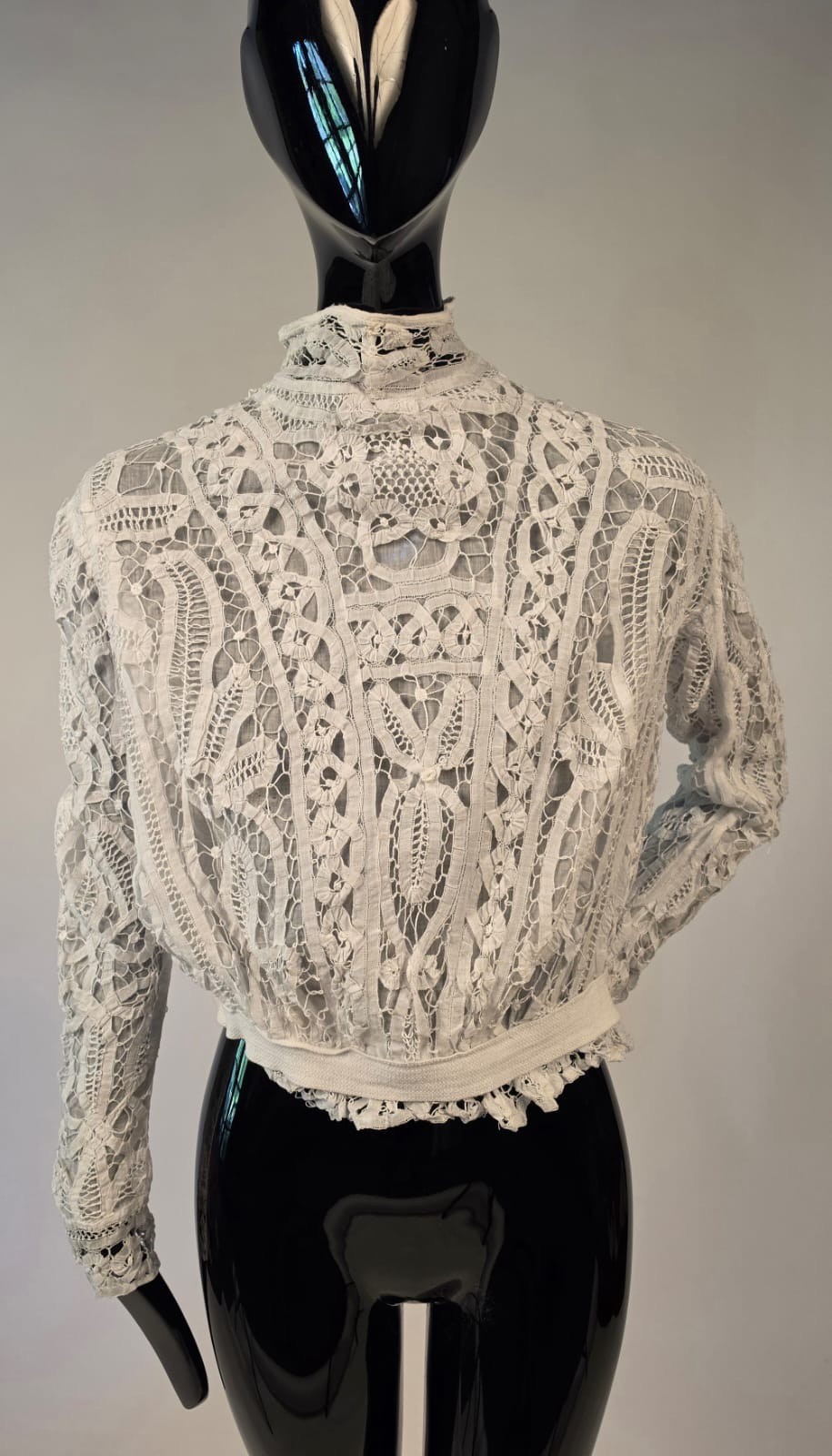 EDWARDIAN HAND MADE WHITE BATTENBURG LACE BLOUSE W HIGH COLLAR