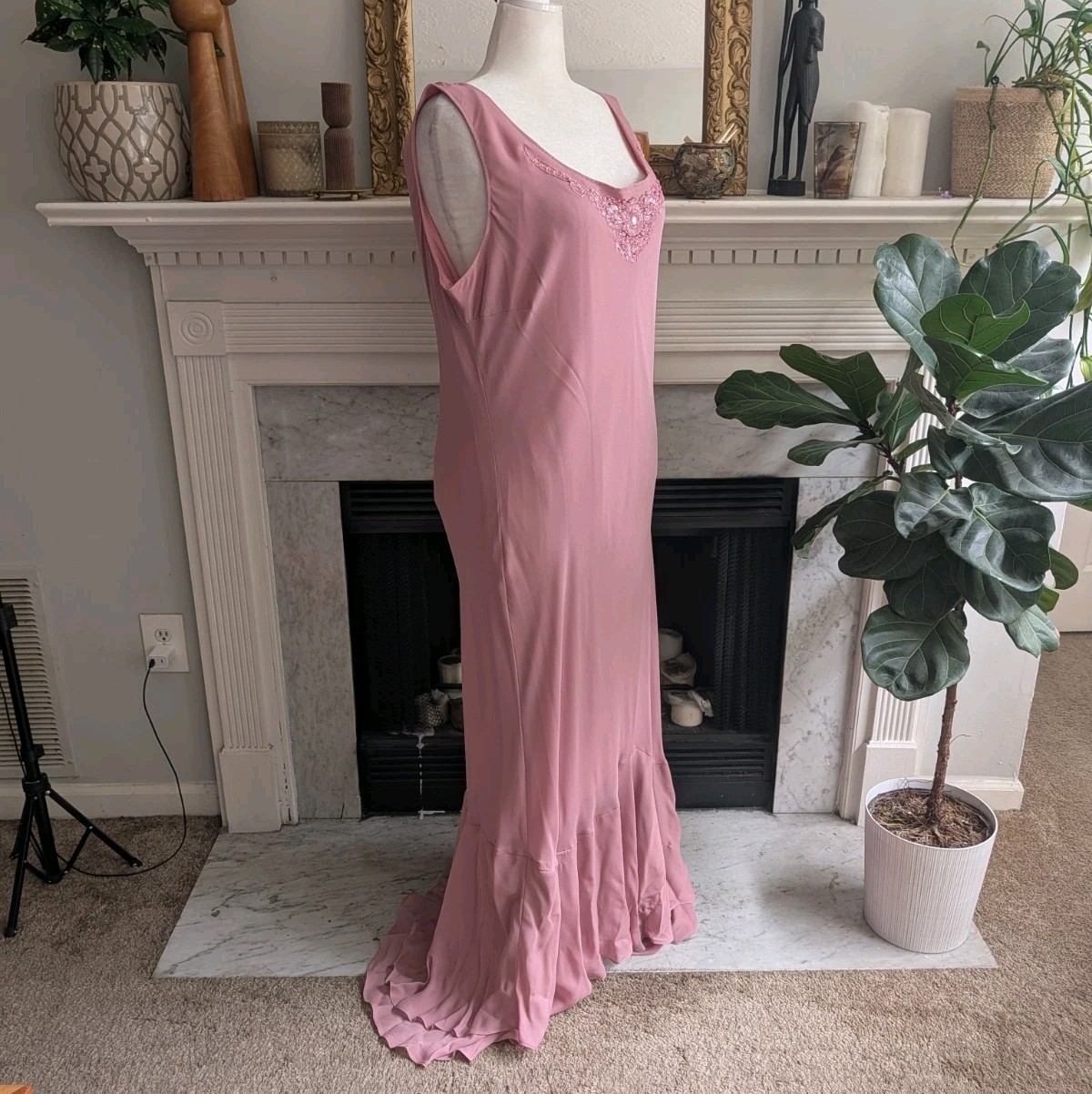 Vintage 90s Y2K Dusty Pink Beaded Column Dress Size 3X Maxi Ruffle Occasion MOB