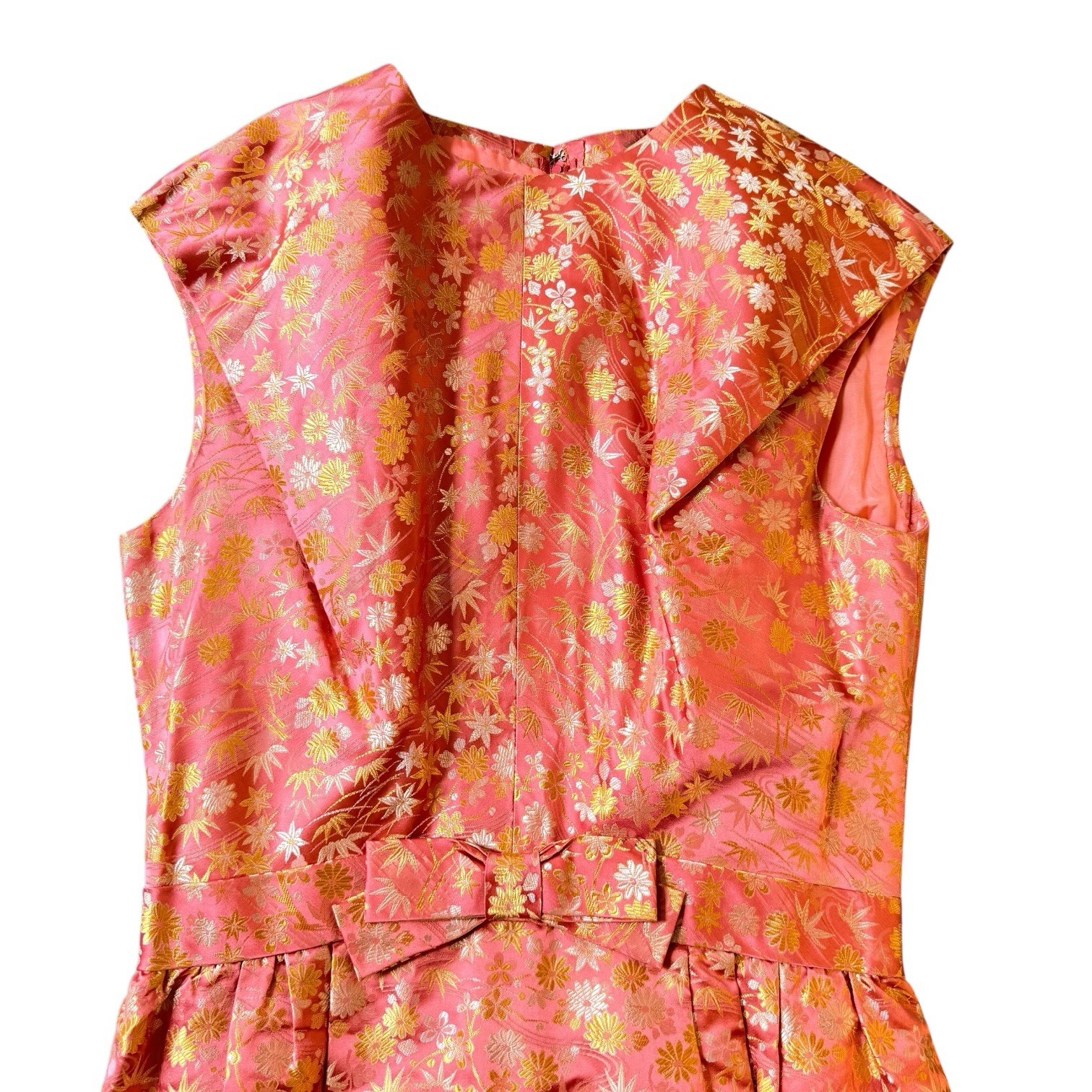 Handmade Silk Brocade Dress Pink Gold Floral Asian Inspired Bow Waist Small