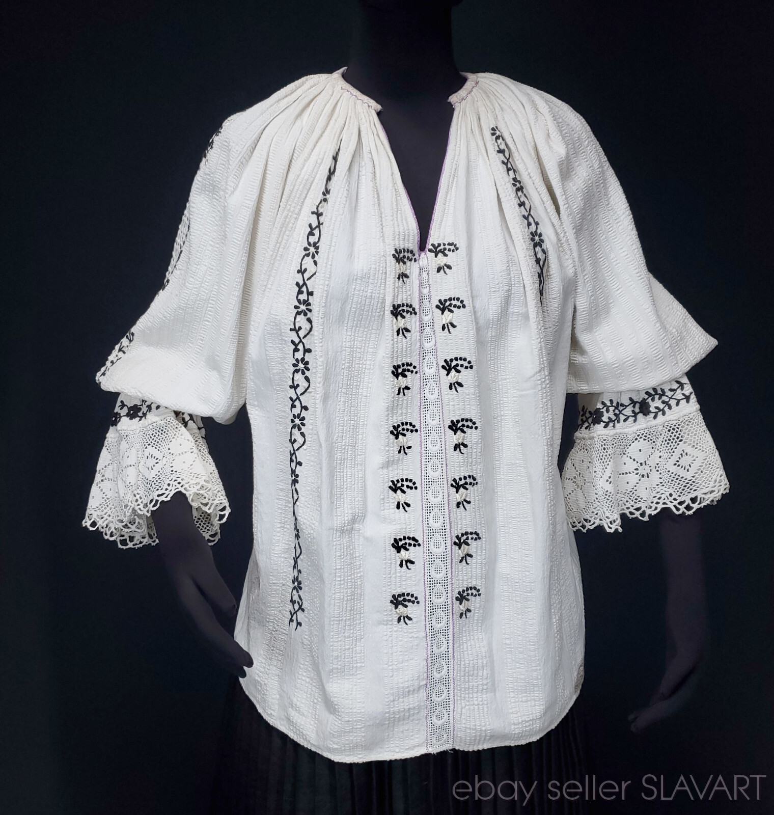 Embroidered Peasant Blouse ethnic folk costume Hungarian Croatian lace stylish