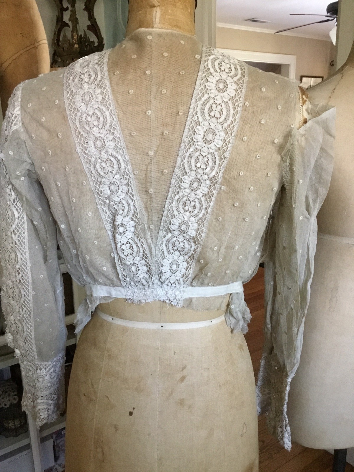 Antique Vintage Edwardian Victorian Net Blouse Lace Detail Ecru Student AS IS