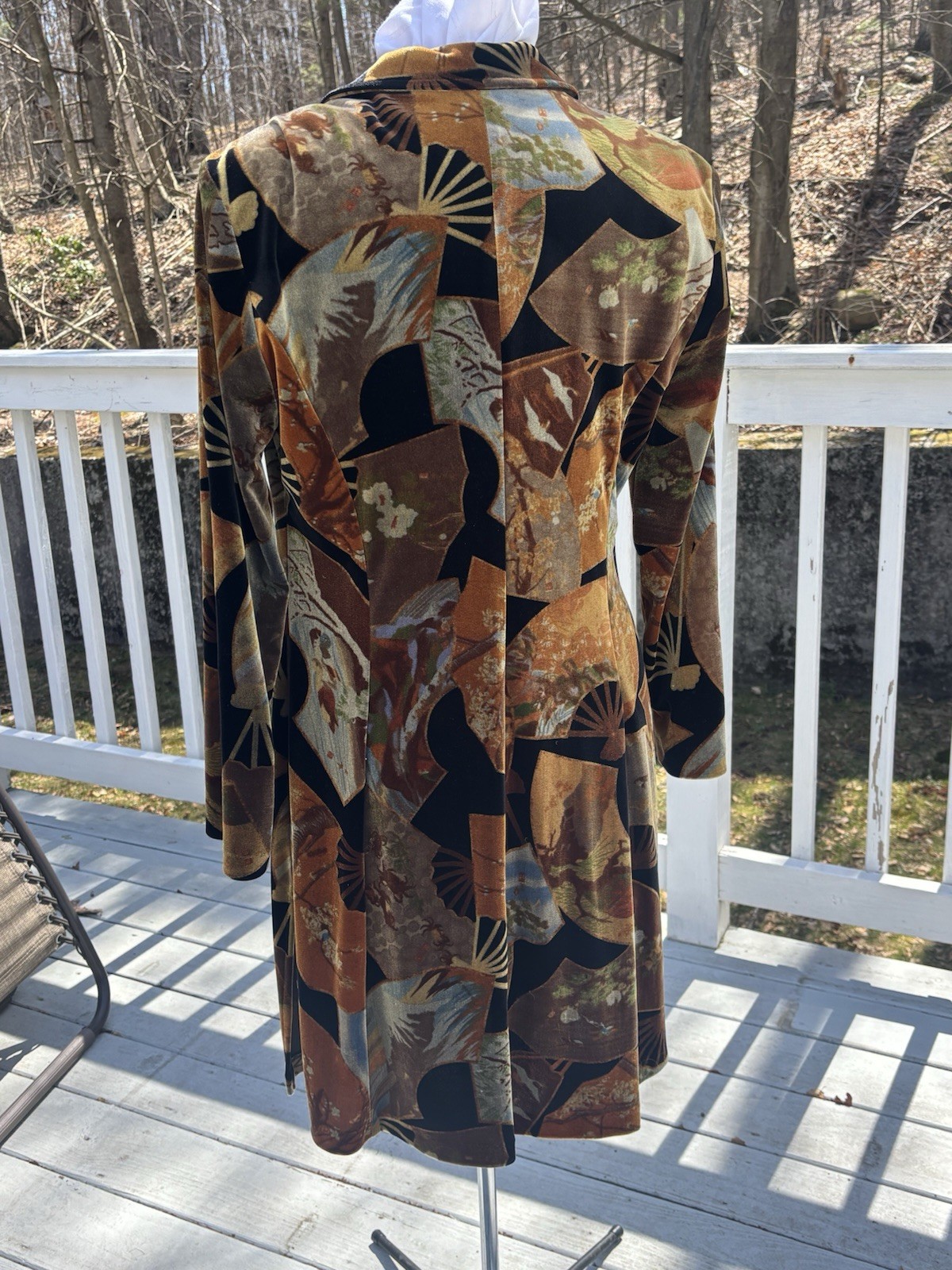 VTG CLIO 1990’s BLACK VELVET / VELOUR FAN PATTERNED DRESS COAT SZ M