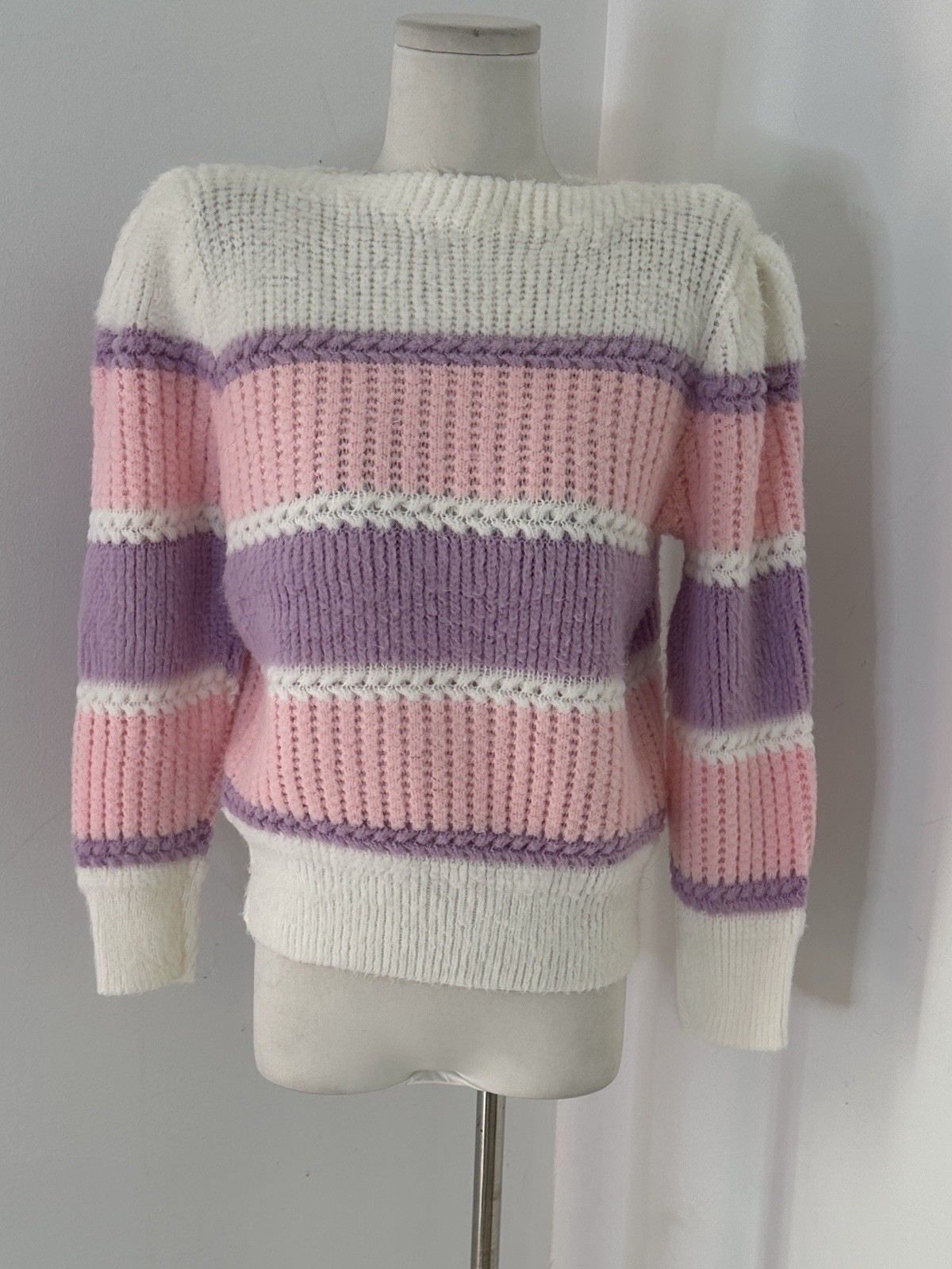 Vintage 70s Coquette Pastel Puff Sleeve Boatneck Sweater Knit