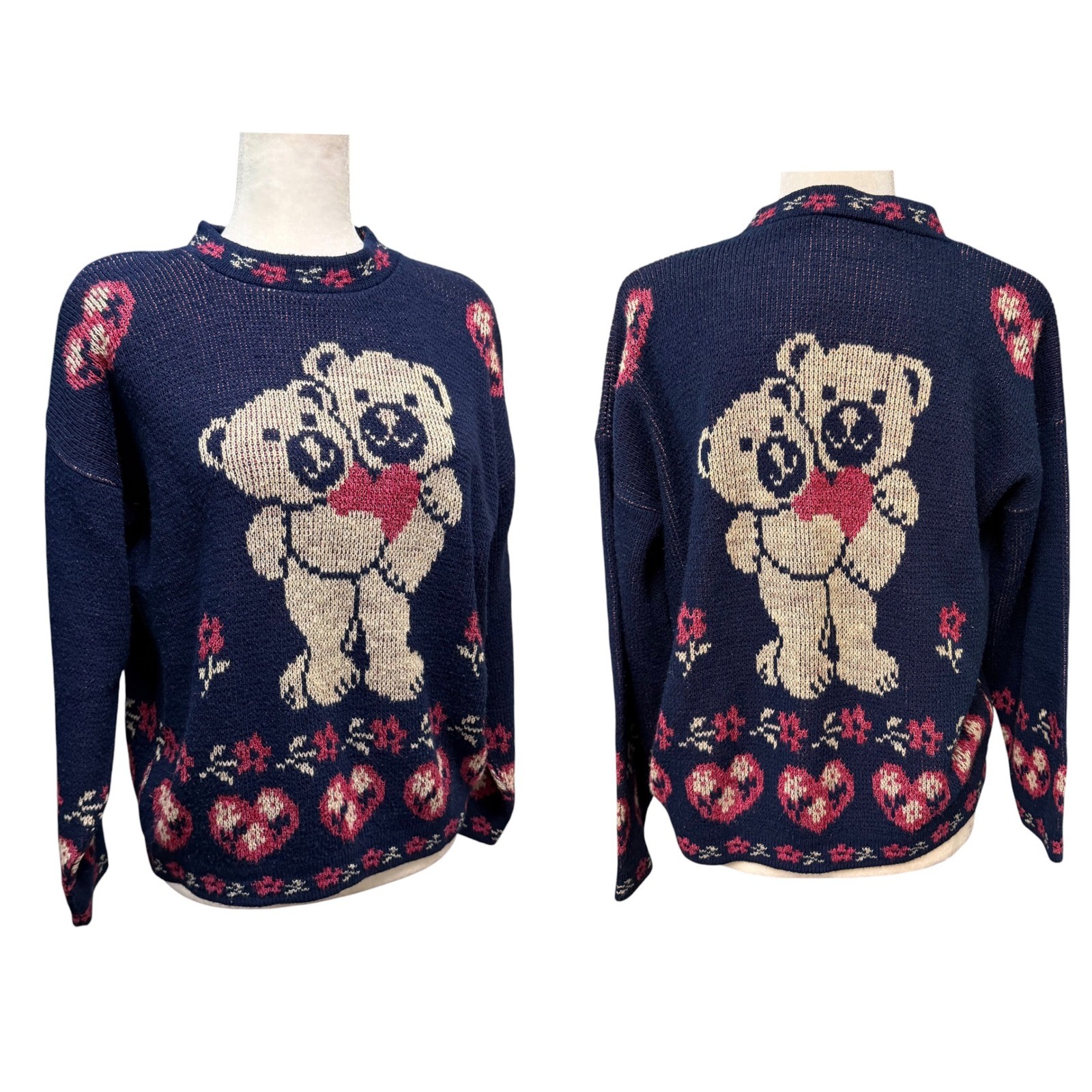 Vtg Adele Knitwear Sweater Womens L Teddy Bear Heart Graphic AOP Grannycore