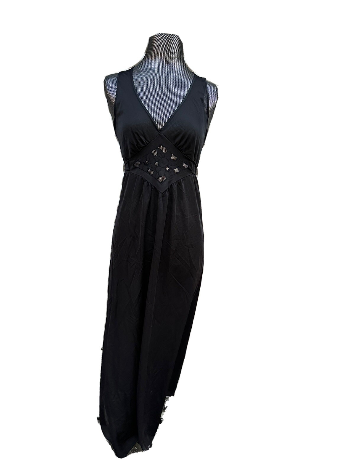 Vintage 80s Black AVIAN Lace Long Lingerie Nightgown Dress Sleepwear – S