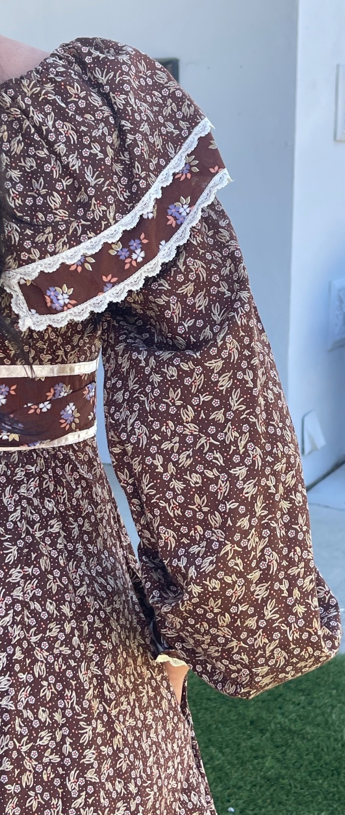 Vtg 1970s Gunne Sax Style Brown Calico Prairie Dress Ruffle Midi Small~Tag Cut