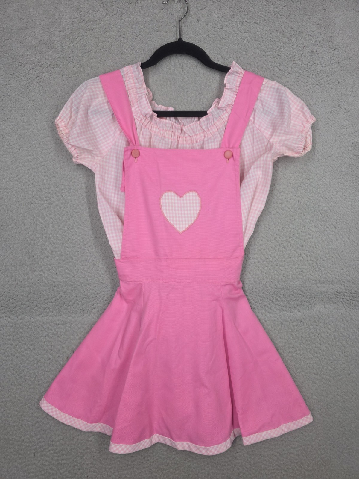 Vintage 70s Overall Dress Outfit Size 0 XS Pink Gingham Peasant Blouse Teens