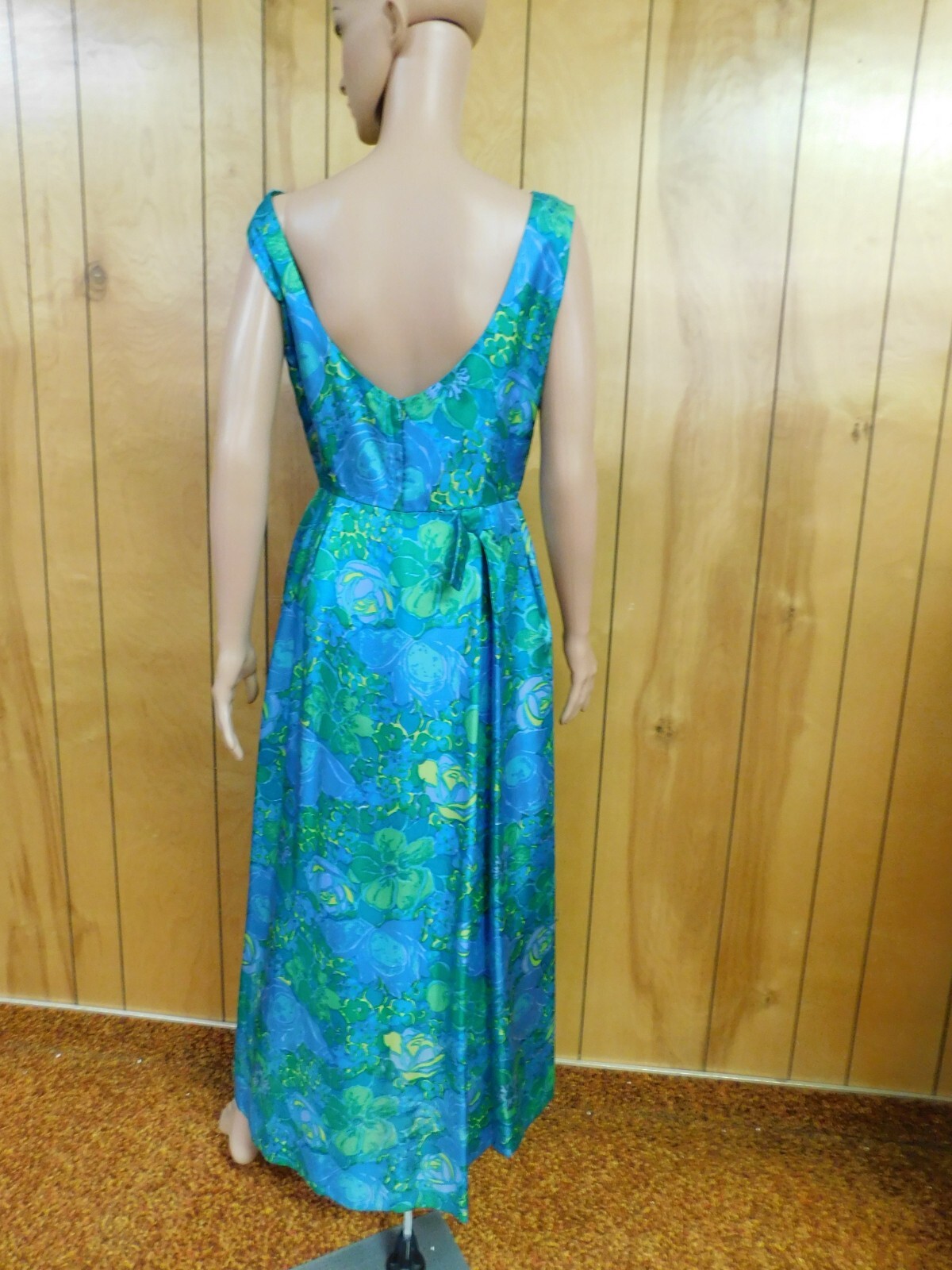 Vintage 70’s Blue Green Yellow Satin Evening Gown Pencil Dress Waist 29″*