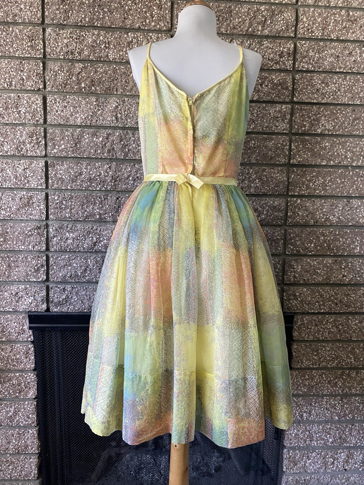 Vintage 1950s Colorful Party Dress Petticoat Fall Spring Watercolor Yellow small