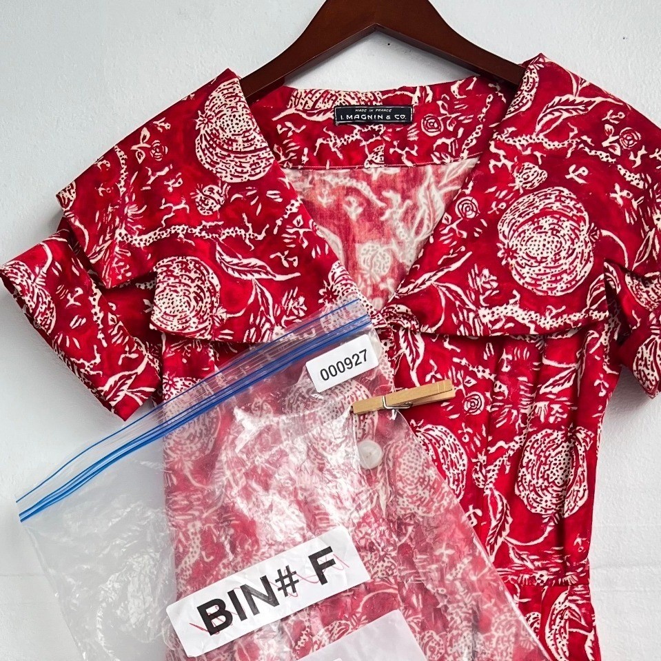 Vintage i Magnin Fit Flare Midi Dress Red Pomegranate Print Made France Size M