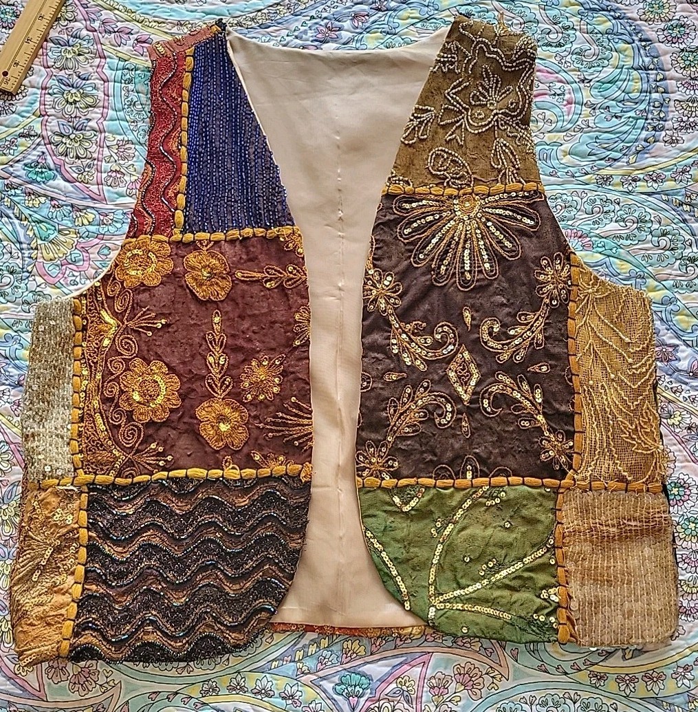 Vintage Beaded Patchwork Open Front Vest Sz O/S Hippie Boho Bohemian Cottage 90s