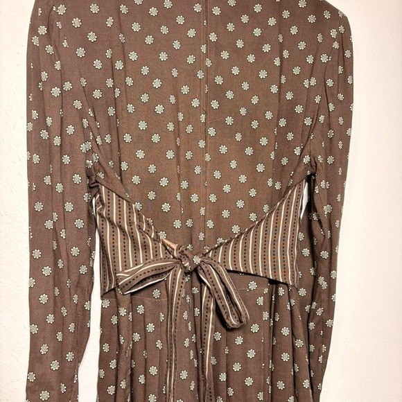 Vtg 70s Vest Floral Chocolate Brown Tie Back Librarian Maxi Collared Dress Sz 8